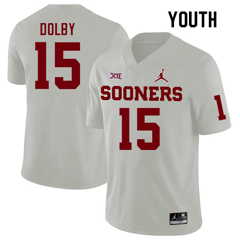 Youth #15 Kendel Dolby Oklahoma Sooners College Football Jerseys Stitched-White - Click Image to Close